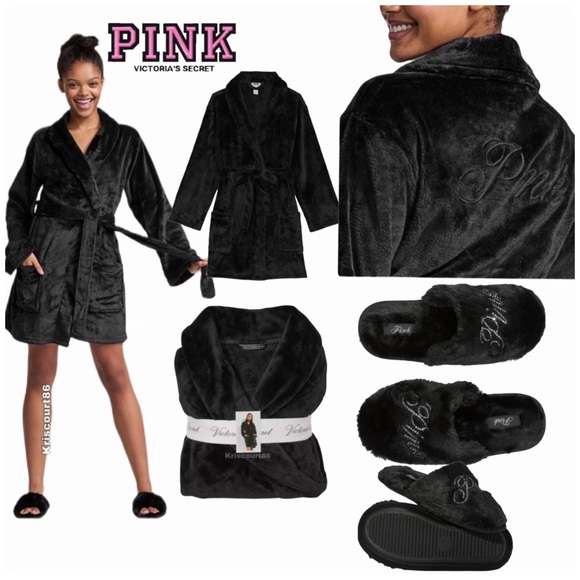 VS PINK Robe & Black & Silver Bling Slippers NEW WITH TAGS - Picture 1 of 16
